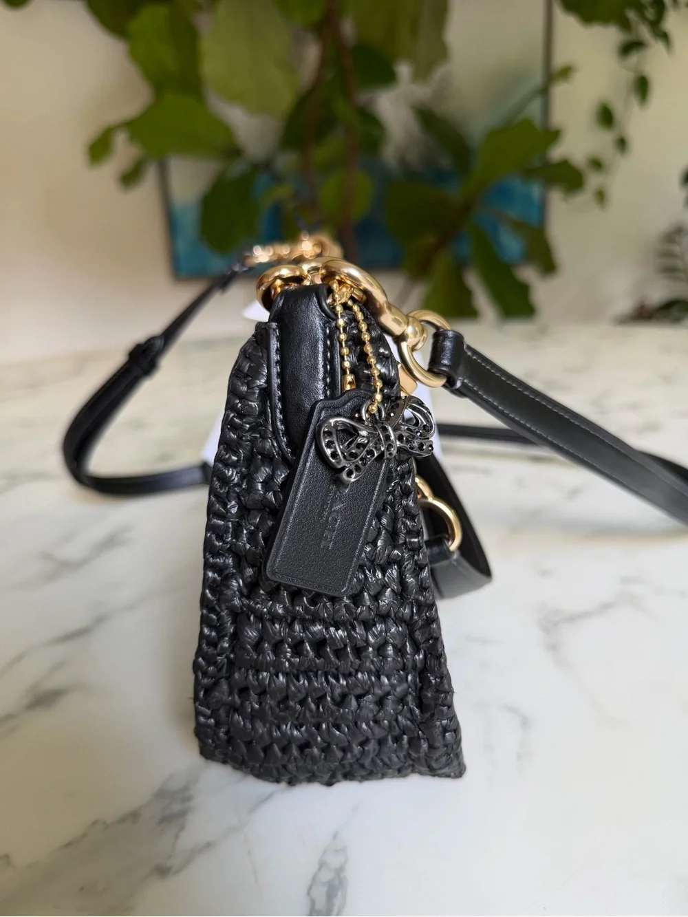 NWT Coach Teri Shoulder Crossbody Bag In Woven Straw & Leather Gold Black CBI17 - Picture 6 of 14
